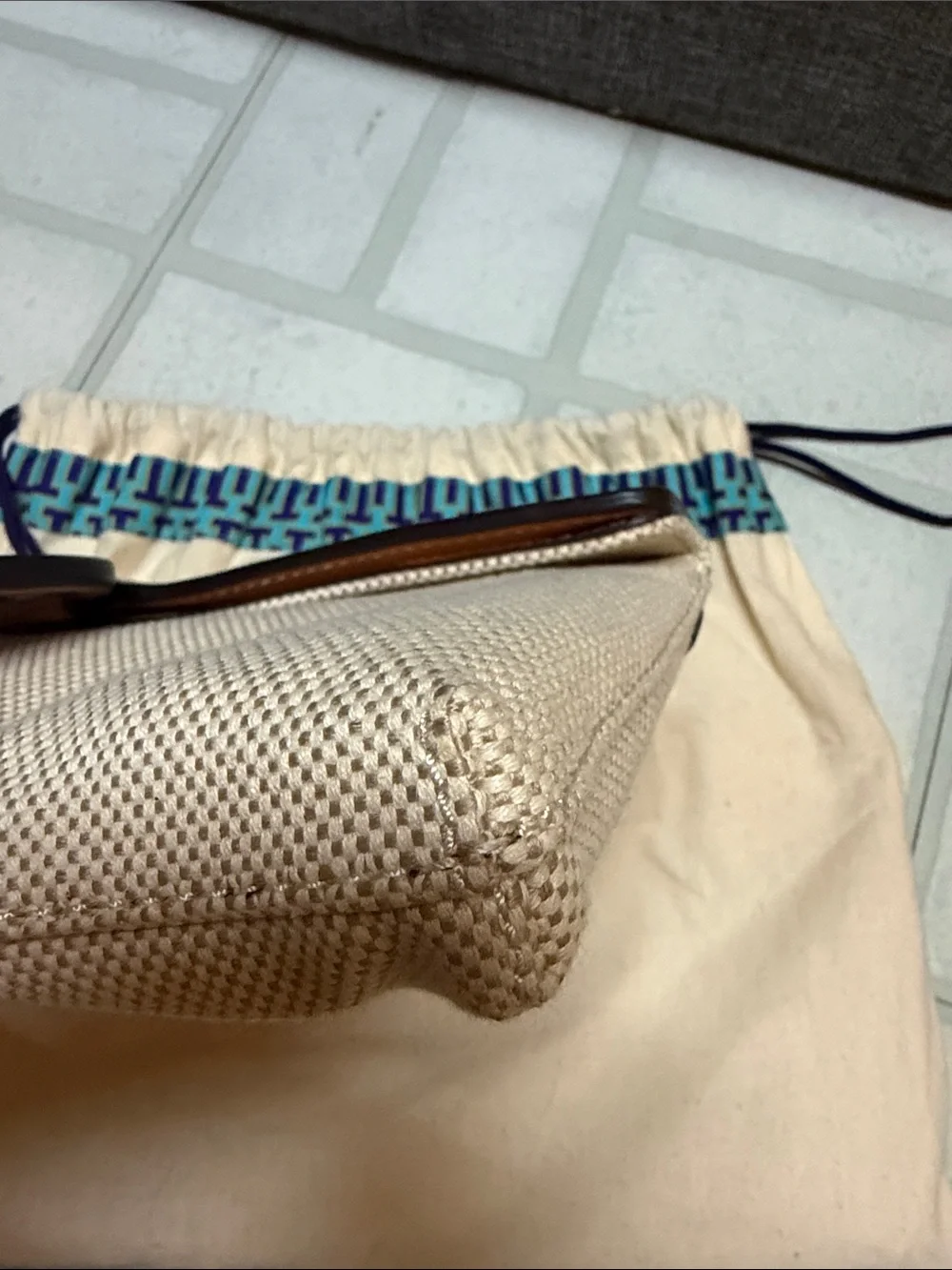 Tory Burch Beige Canvas Clutch with Tan Leather Trim and Logo (Miller Clutch)